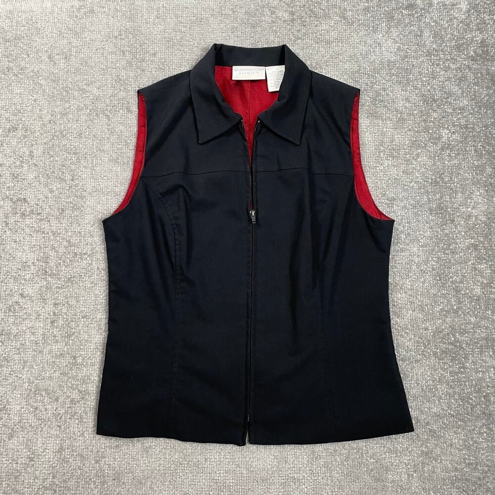 90s y2k Vintage Worthington Zip Front Vest Womens S Black Red Lined Suit Stretch